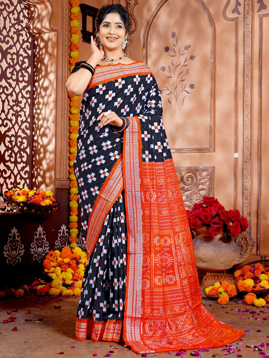 Black & Orange Pure Silk Sambalpuri Handloom Saree with Passapali Design