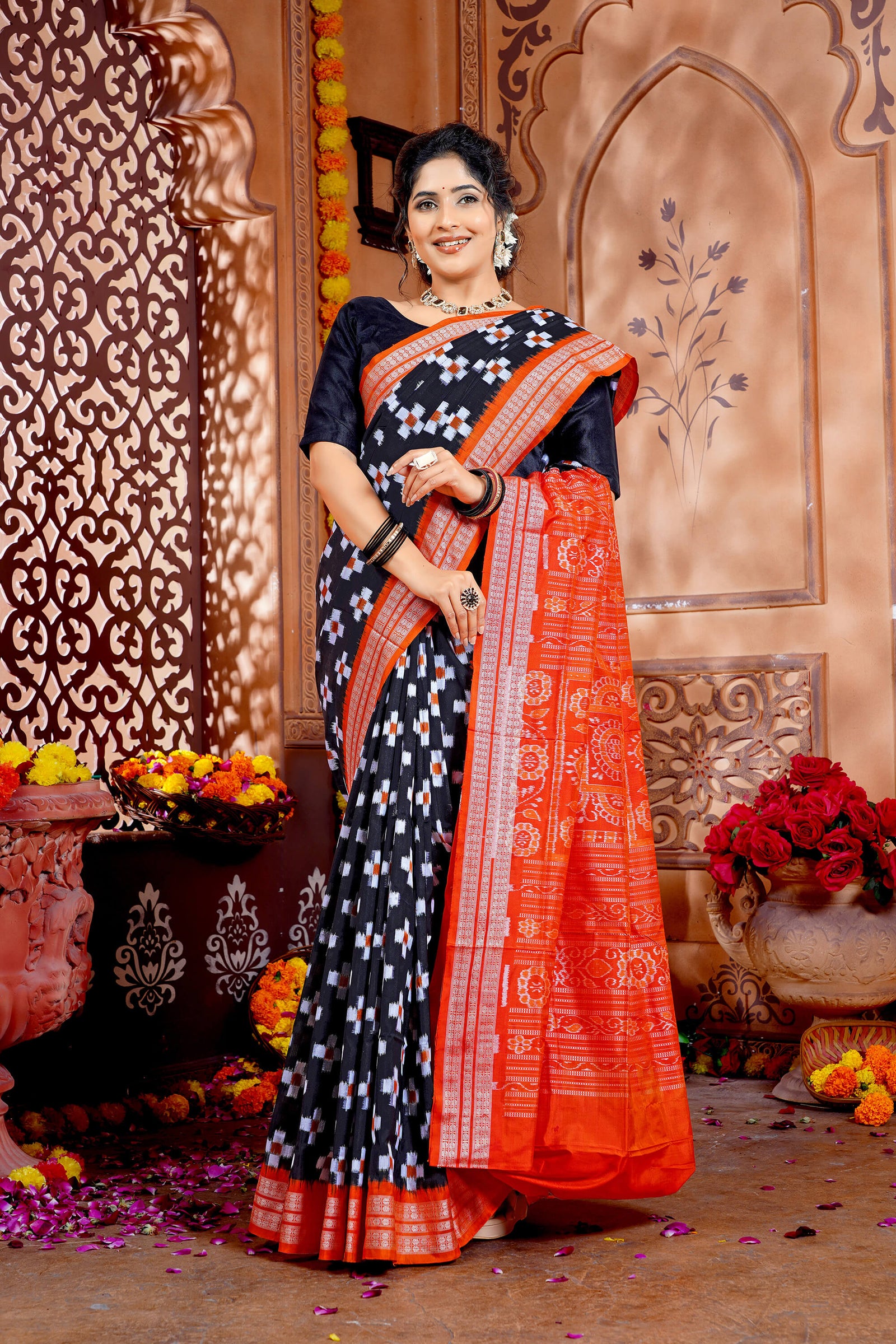 Black & Orange Pure Silk Sambalpuri Handloom Saree with Passapali Design