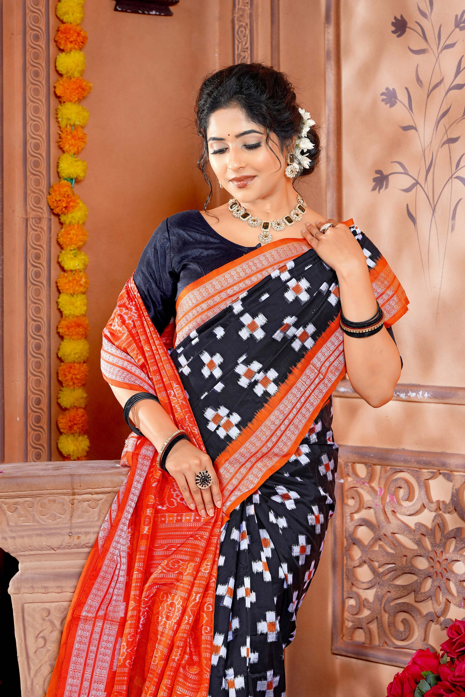 Black & Orange Pure Silk Sambalpuri Handloom Saree with Passapali Design