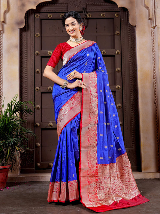 Blue & Maroon Pure Katan Silk Banarasi Handloom Saree with Kadhua Motifs