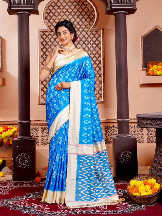 Blue and Cream Pure Silk Pochampally Handloom Saree in Ikkat Design