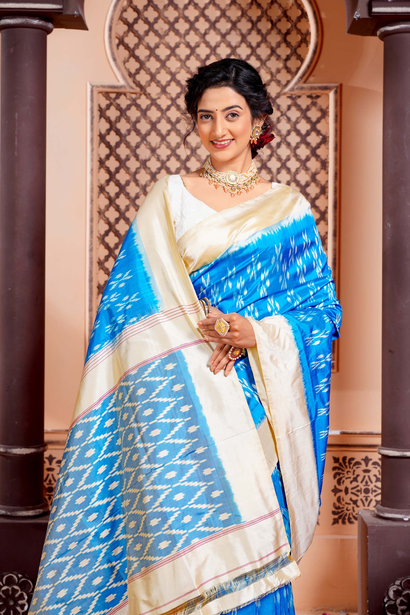 Blue and Cream Pure Silk Pochampally Handloom Saree in Ikkat Design