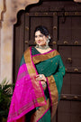 Bottle Green & Pink Pure Silk Uppada Handloom Saree with alternate Golden & Silver Butta