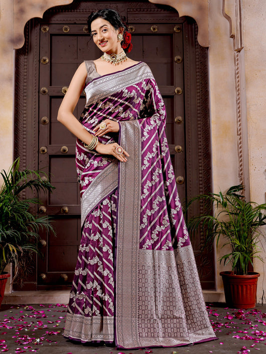 Burgundy Pure Katan Silk Banarasi Handloom Saree with Jaal Work