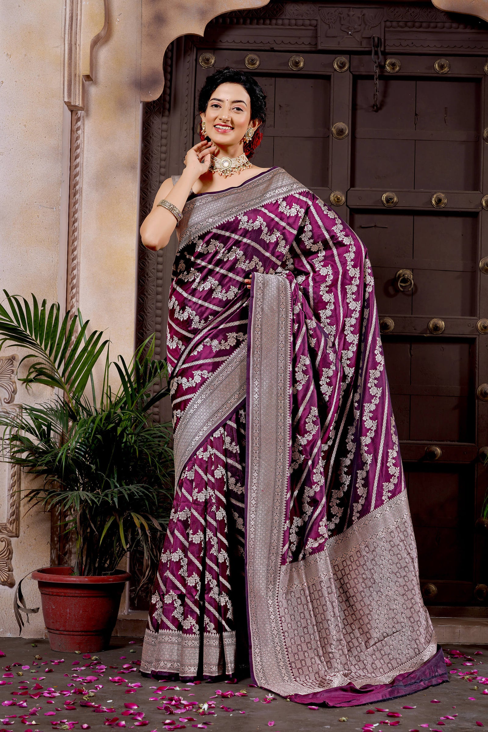 Burgundy Pure Katan Silk Banarasi Handloom Saree with Jaal Work