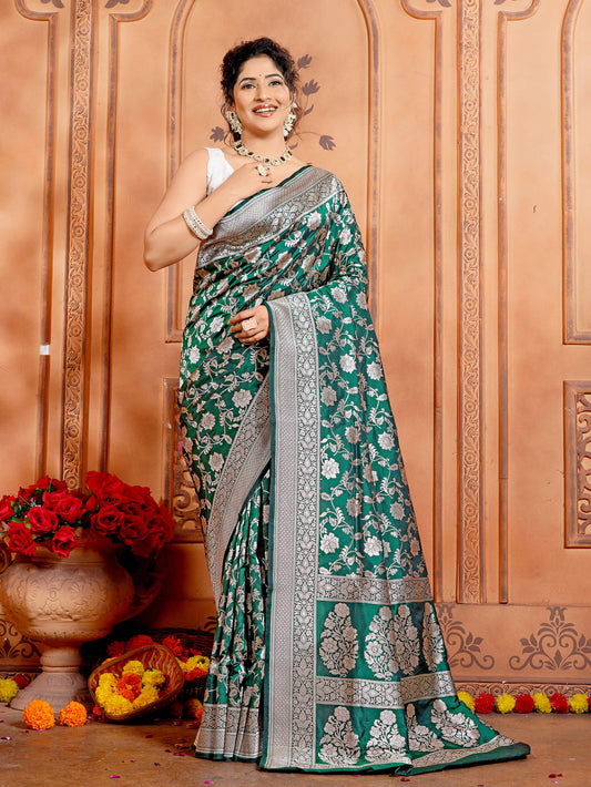 Emerald Green Pure Katan Silk Banarasi Handloom Saree with Jaal Work