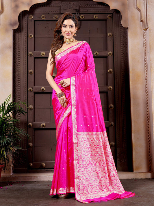 Fuchsia Pink Pure Katan Silk Banarasi Handloom Saree with Resham Work