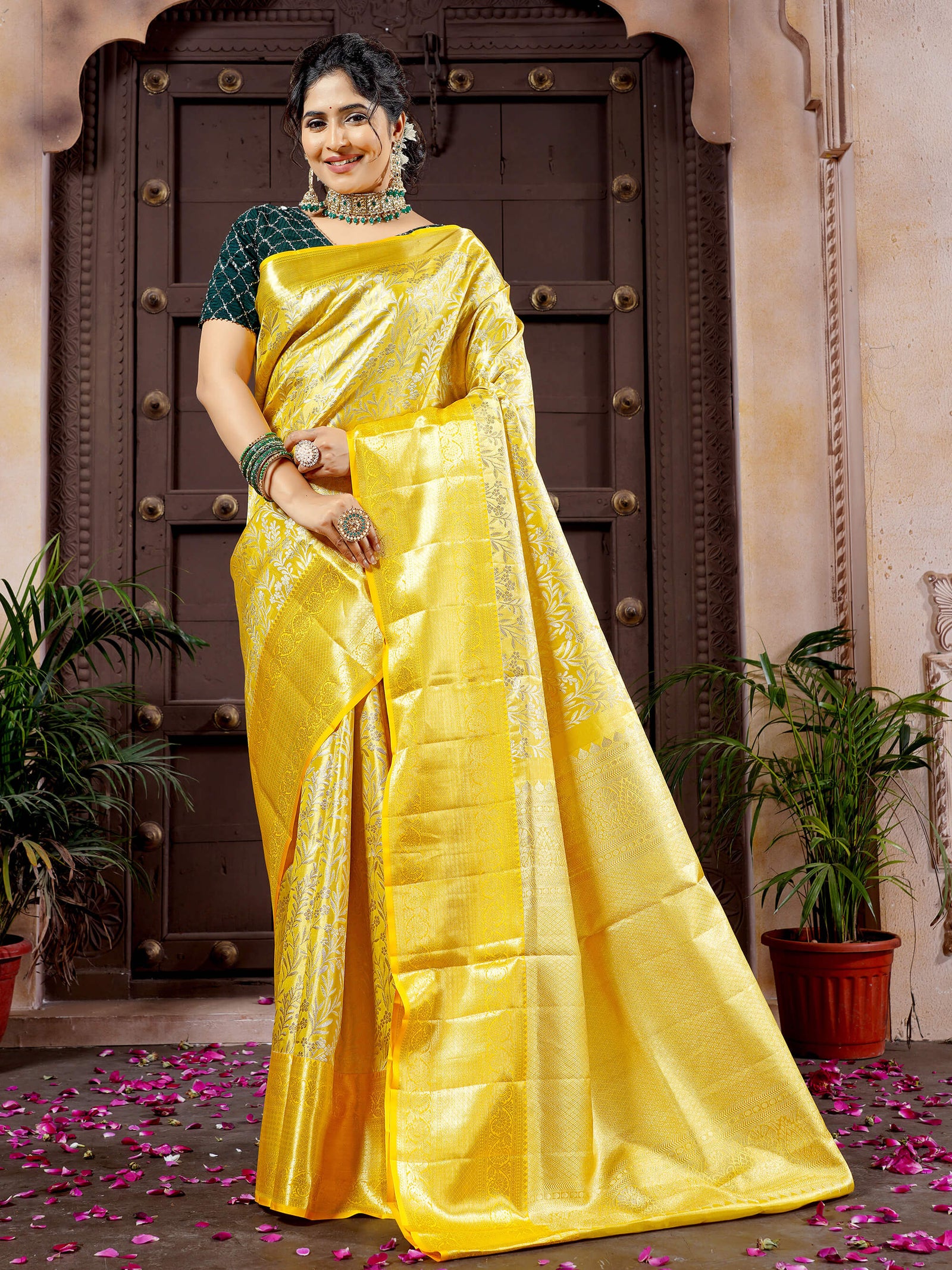 Golden Yellow Tissue Silk Kanjivaram Handloom Silk Saree with Leaf Design