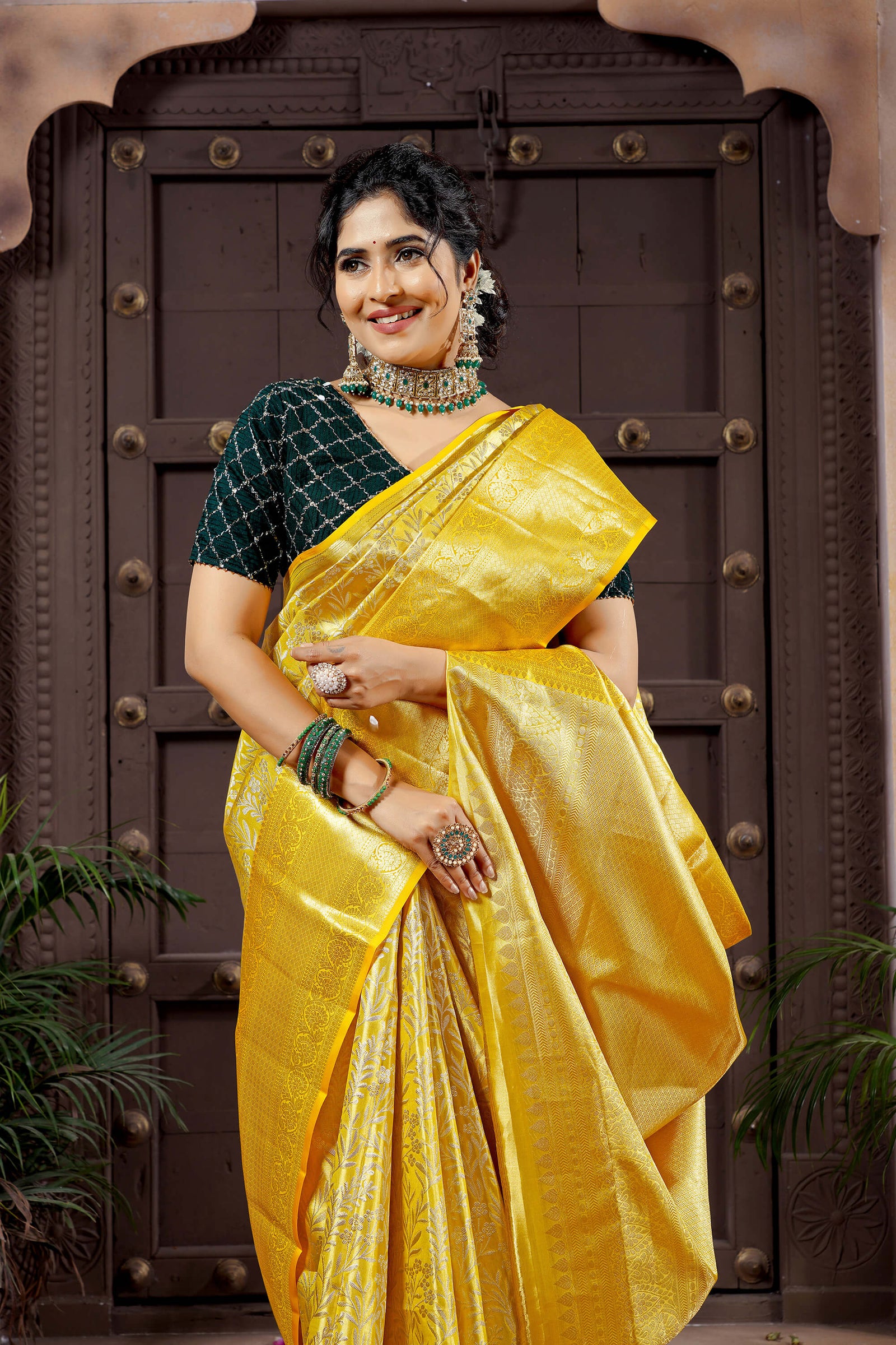 Golden Yellow Tissue Silk Kanjivaram Handloom Silk Saree with Leaf Design