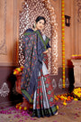 Grey, Red and Black Pochampally Pure Silk Handloom Saree in Patola Design