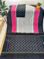 Pochampally Mercerised Cotton Saree White, Black and Pink in Ikkat pattern design with blouse piece