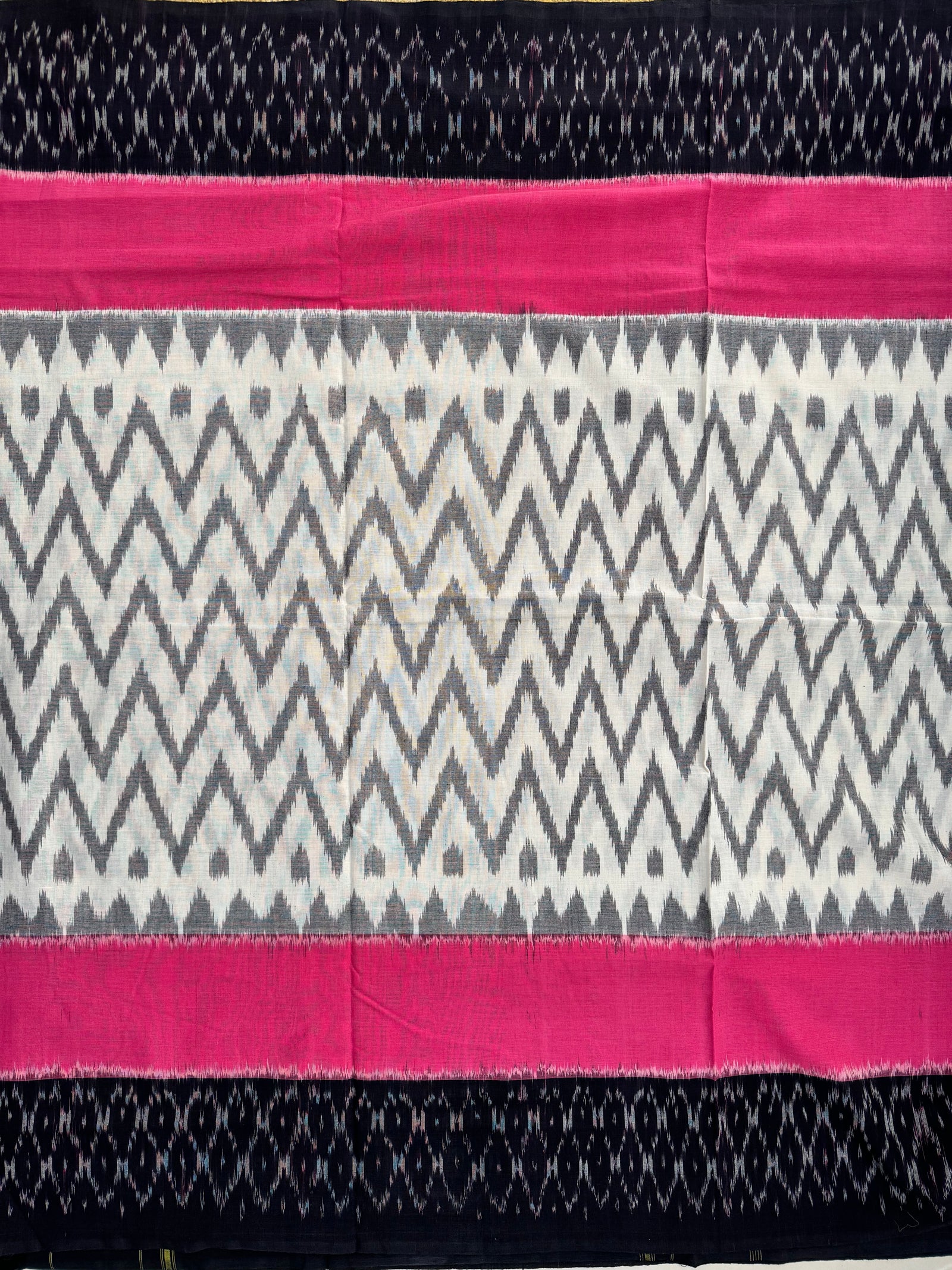 Pochampally Mercerised Cotton Saree White, Black and Pink in Ikkat pattern design with blouse piece