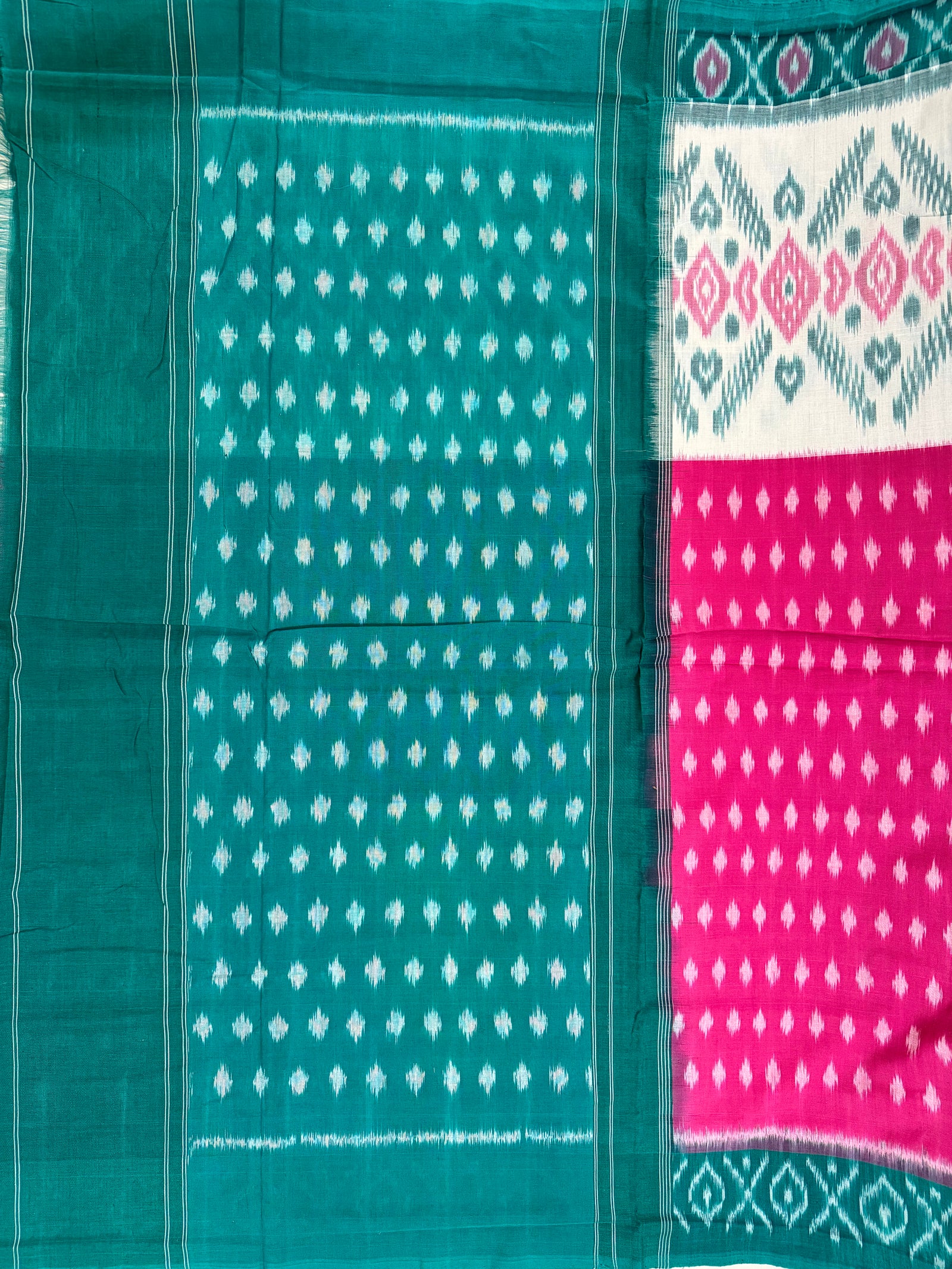 Pochampally Mercerised Cotton Saree Pink, White and Green in Ikkat pattern design with blouse piece