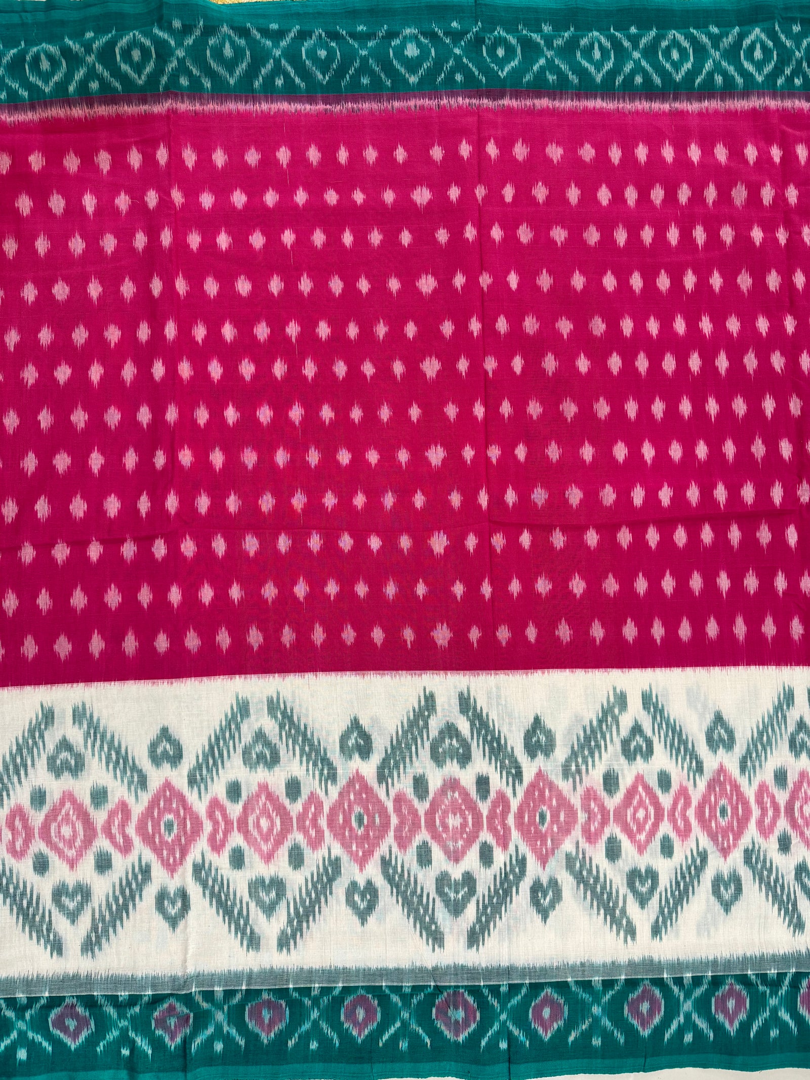 Pochampally Mercerised Cotton Saree Pink, White and Green in Ikkat pattern design with blouse piece