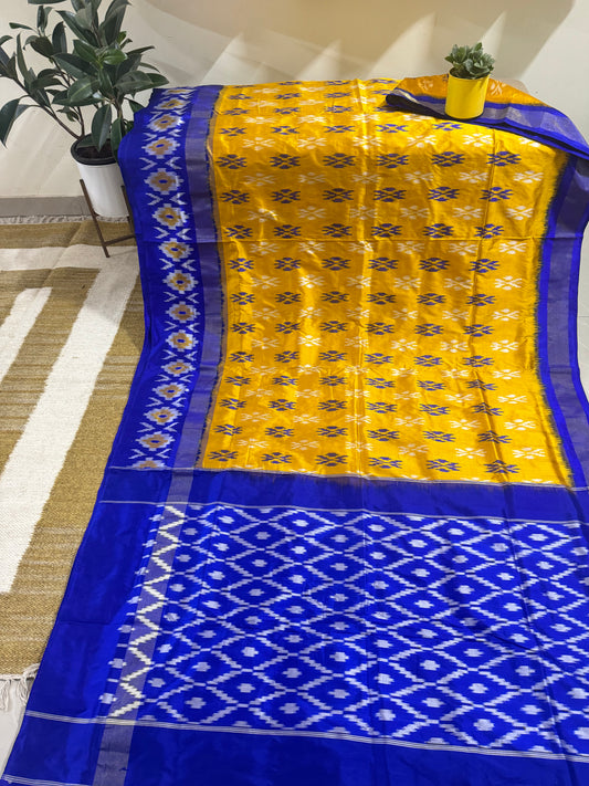 Pochampally Pure Silk Saree Yellow and Blue in Ikkat pattern design with blouse piece