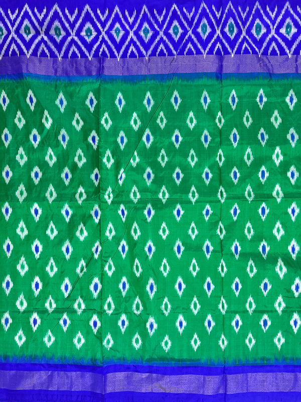 Pochampally Pure Silk Saree Green and Blue in Ikkat pattern design with blouse piece