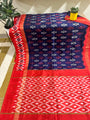 Pochampally Pure Silk Saree Navy Blue and Red in Ikkat pattern design with blouse piece