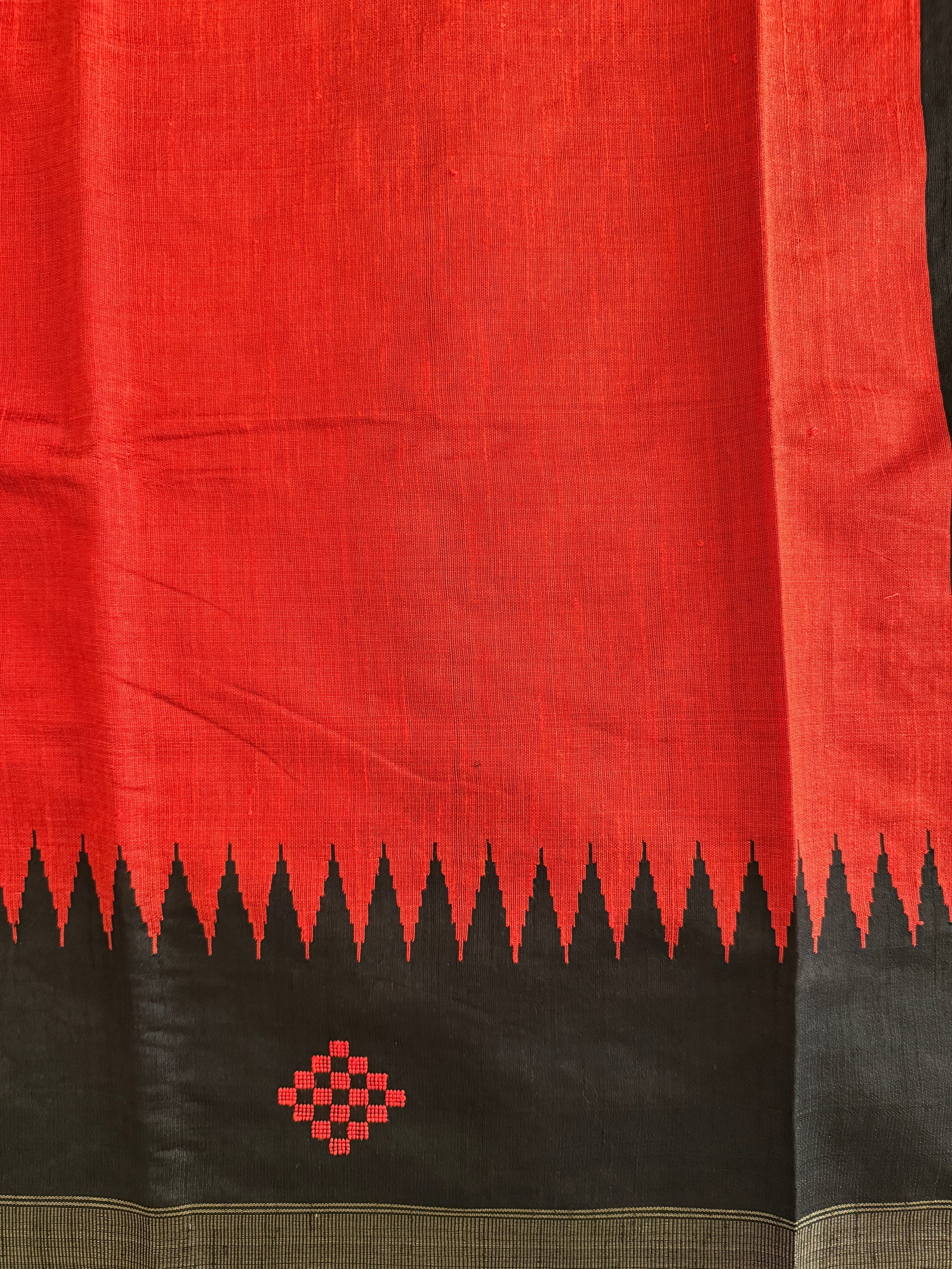 Red & Black Raw Silk Handloom Saree With Square Pattern Border