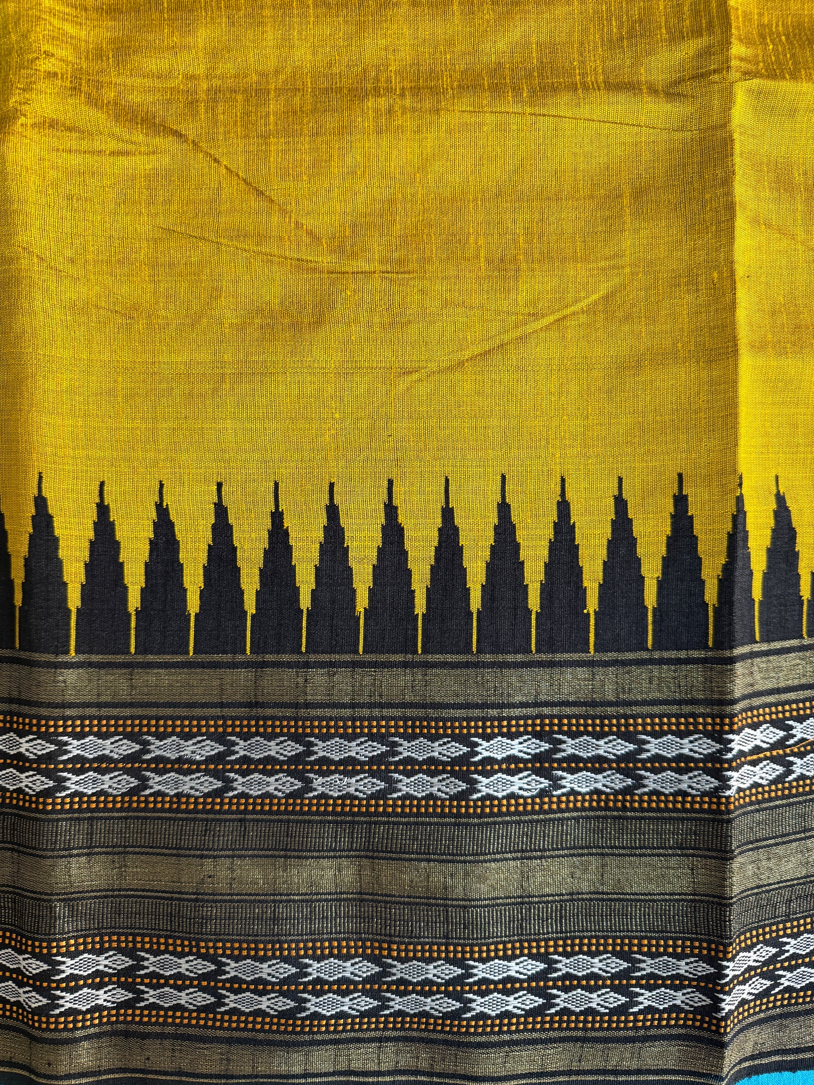 Mustard Yellow & Black Pure Raw Silk Handloom Saree with Vidharva Border Design