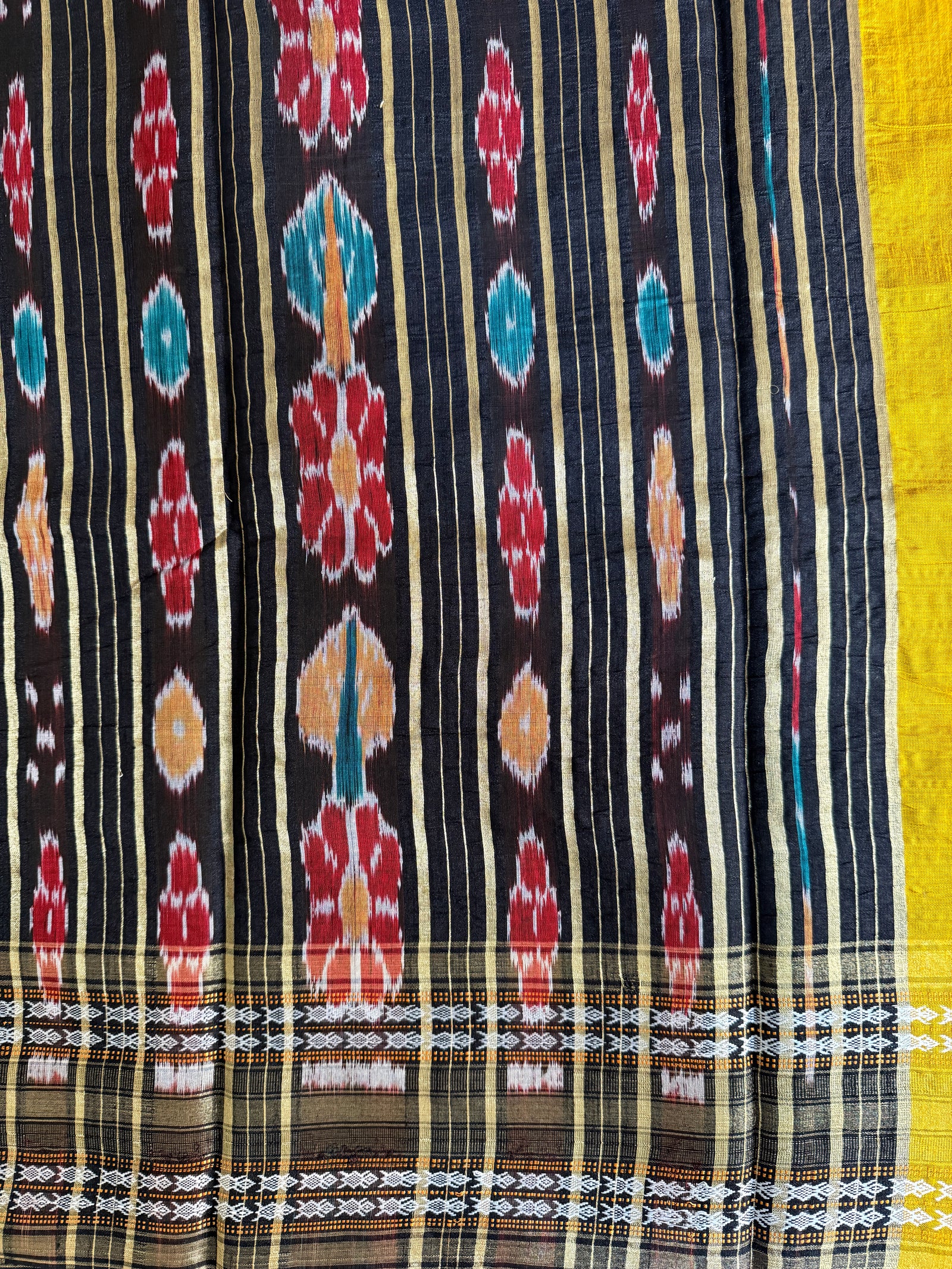 Mustard Yellow & Black Pure Raw Silk Handloom Saree with Vidharva Border Design