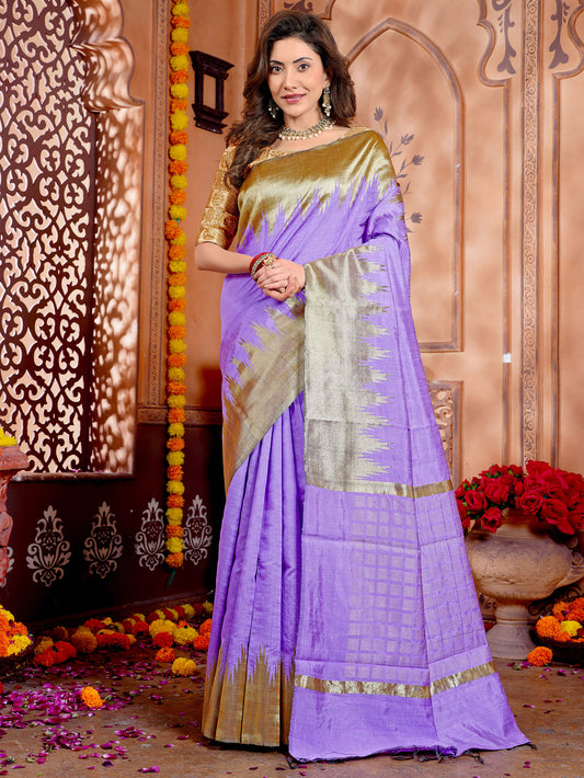 Lavender Raw Silk Handloom Saree With Golden Temple Design Border