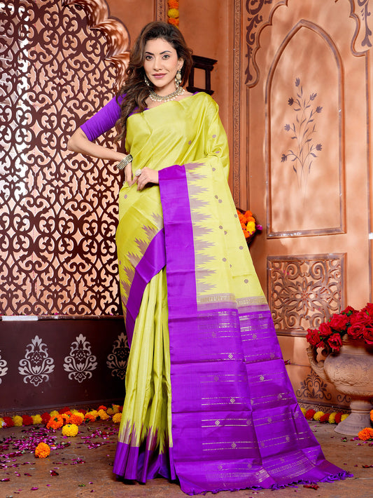 Lemon Yellow & Magenta Pure Silk Kanjivaram Handloom Saree with Small Buttas and Temple Border