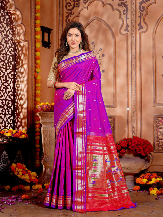 Magenta Pure Silk Paithani Handloom Saree with Double Pallu Design