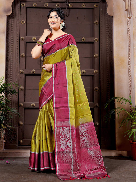 Olive Green & Maroon Pure Soft Silk Handloom Saree