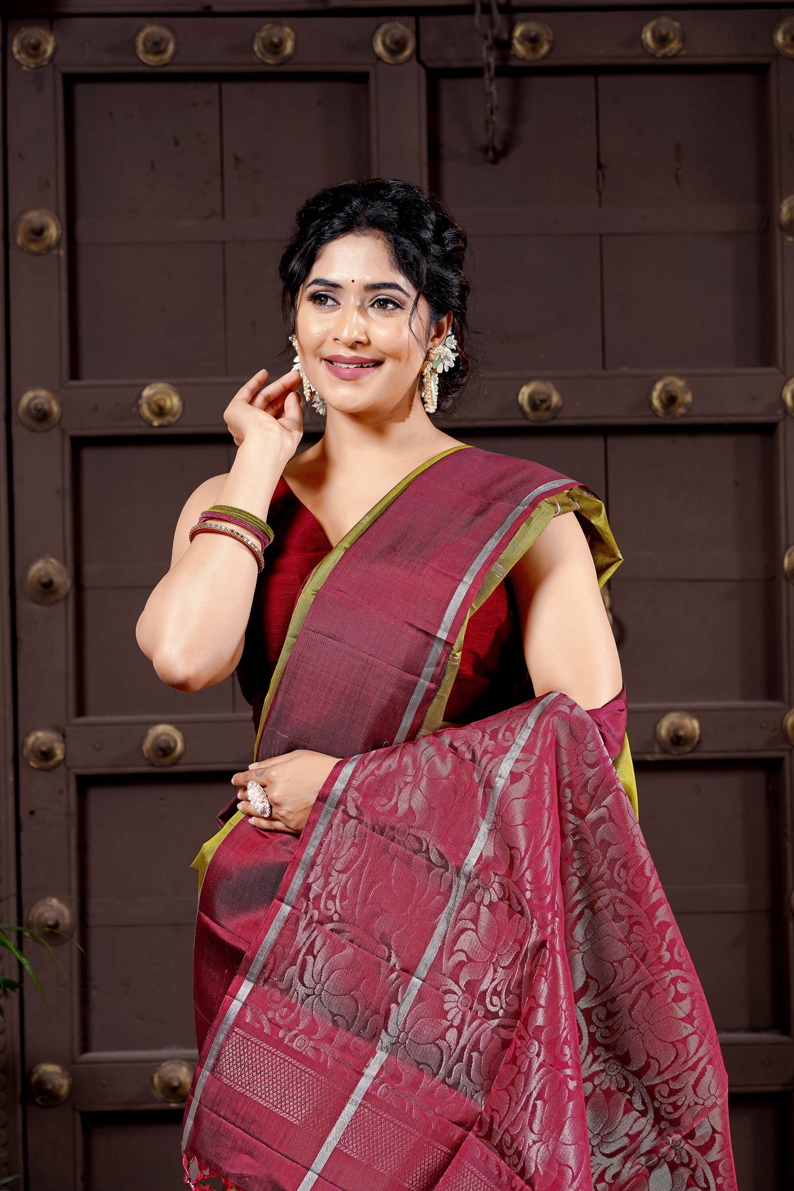 Olive Green & Maroon Pure Soft Silk Handloom Saree