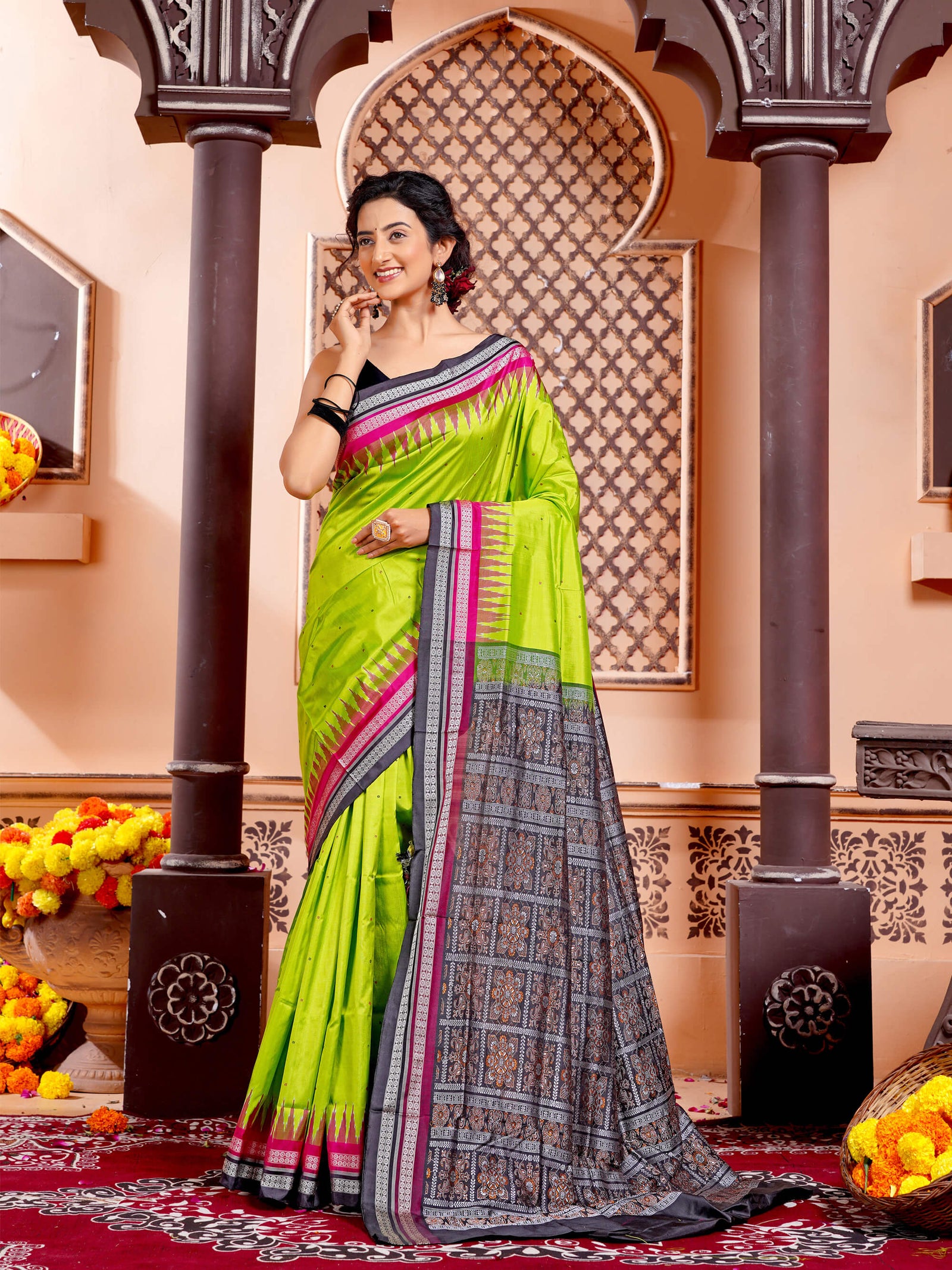 Parrot Green Pure Sambalpuri Silk Handloom Saree With Magenta & Black Rudraksha Border