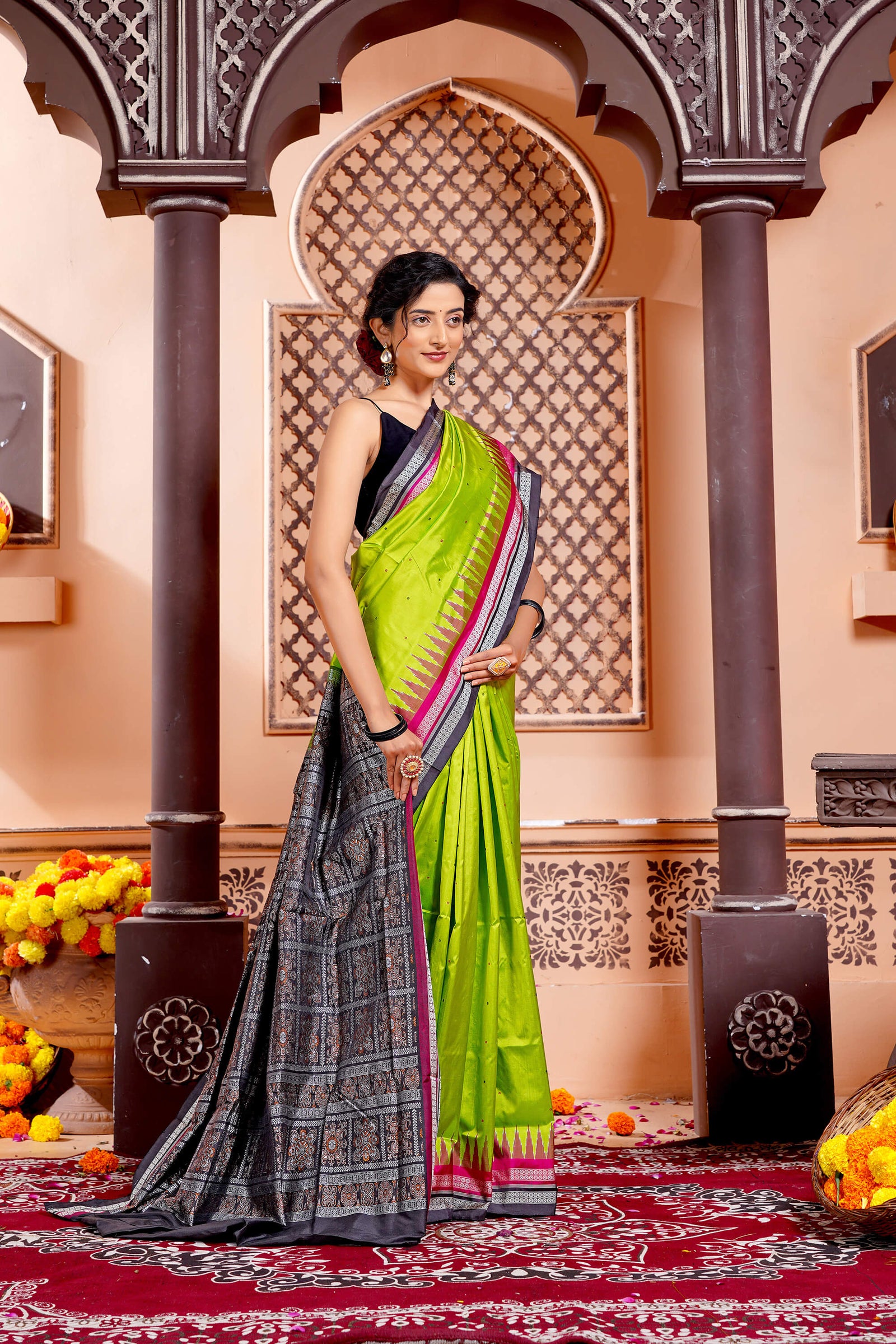 Parrot Green Pure Sambalpuri Silk Handloom Saree With Magenta & Black Rudraksha Border