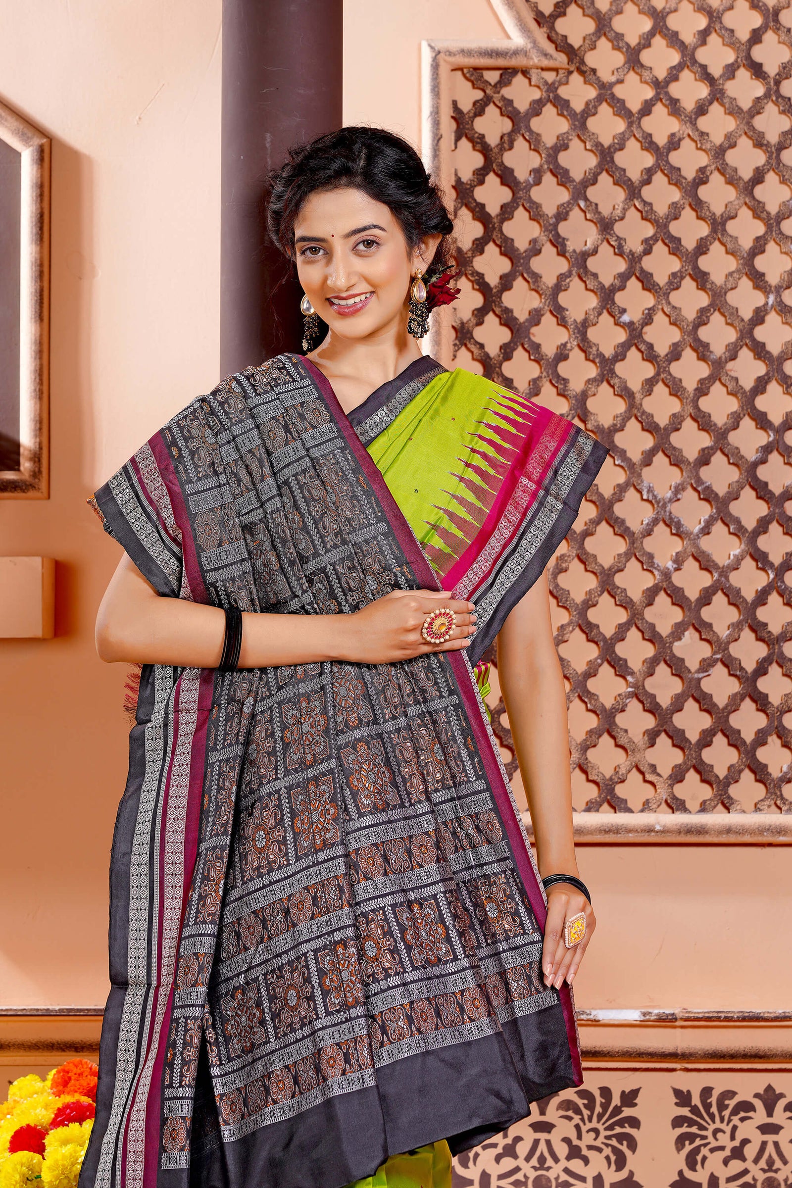 Parrot Green Pure Sambalpuri Silk Handloom Saree With Magenta & Black Rudraksha Border