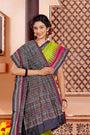 Parrot Green Pure Sambalpuri Silk Handloom Saree With Magenta & Black Rudraksha Border