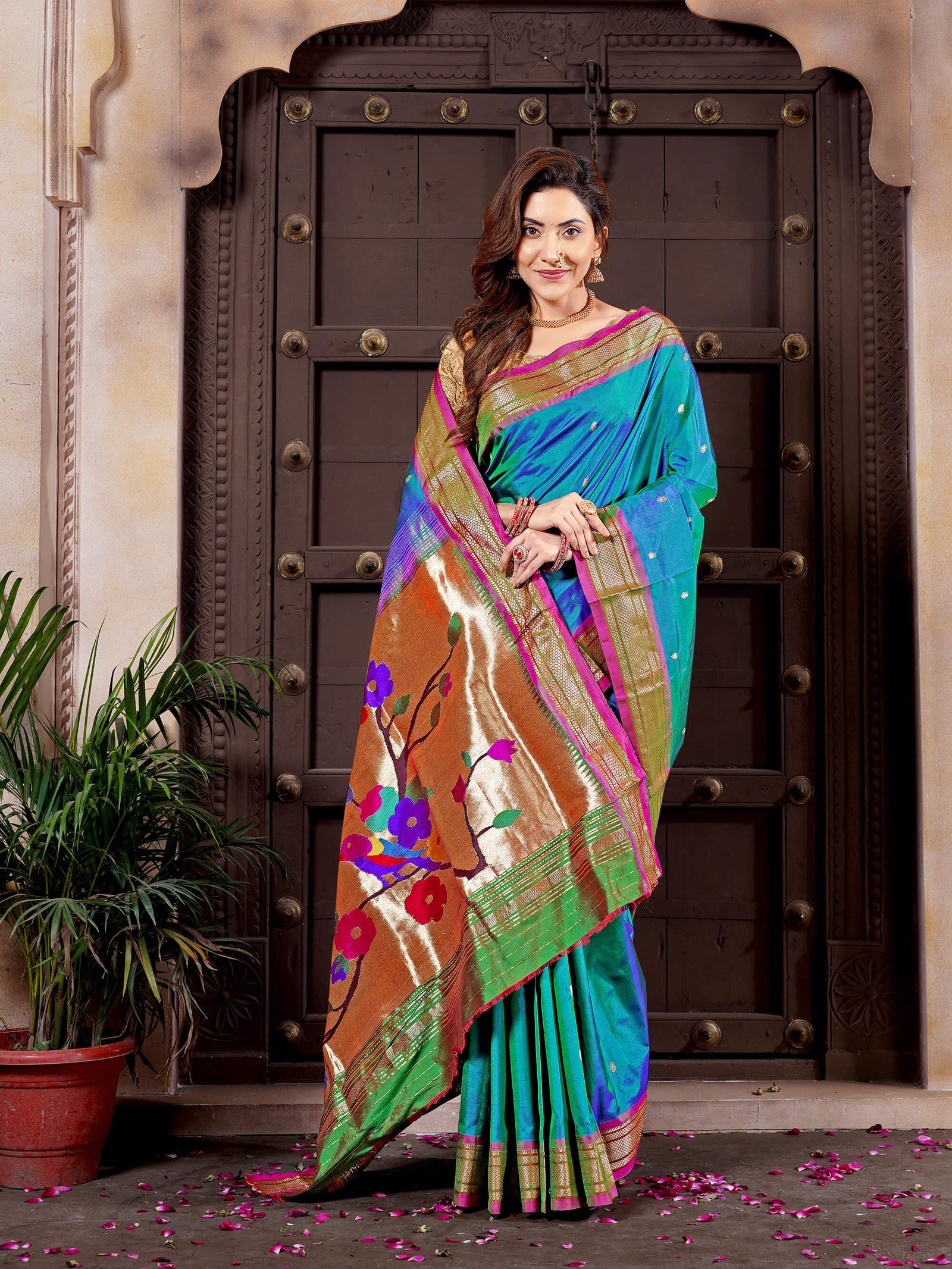 Peacock Green & Blue Dual Tone Pure Silk Paithani Handloom Saree with Double Pallu & Parrot Design