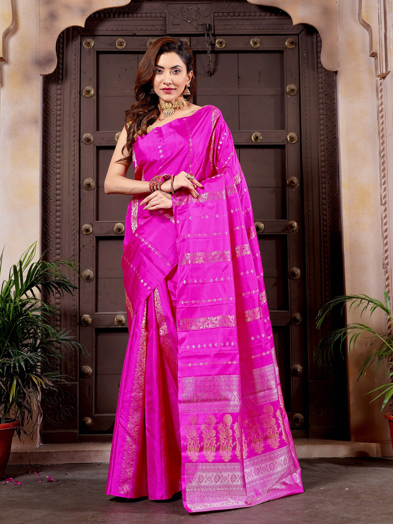 Pink Pure Silk Kanjivaram Handloom Saree with Silver & Copper Meena Work