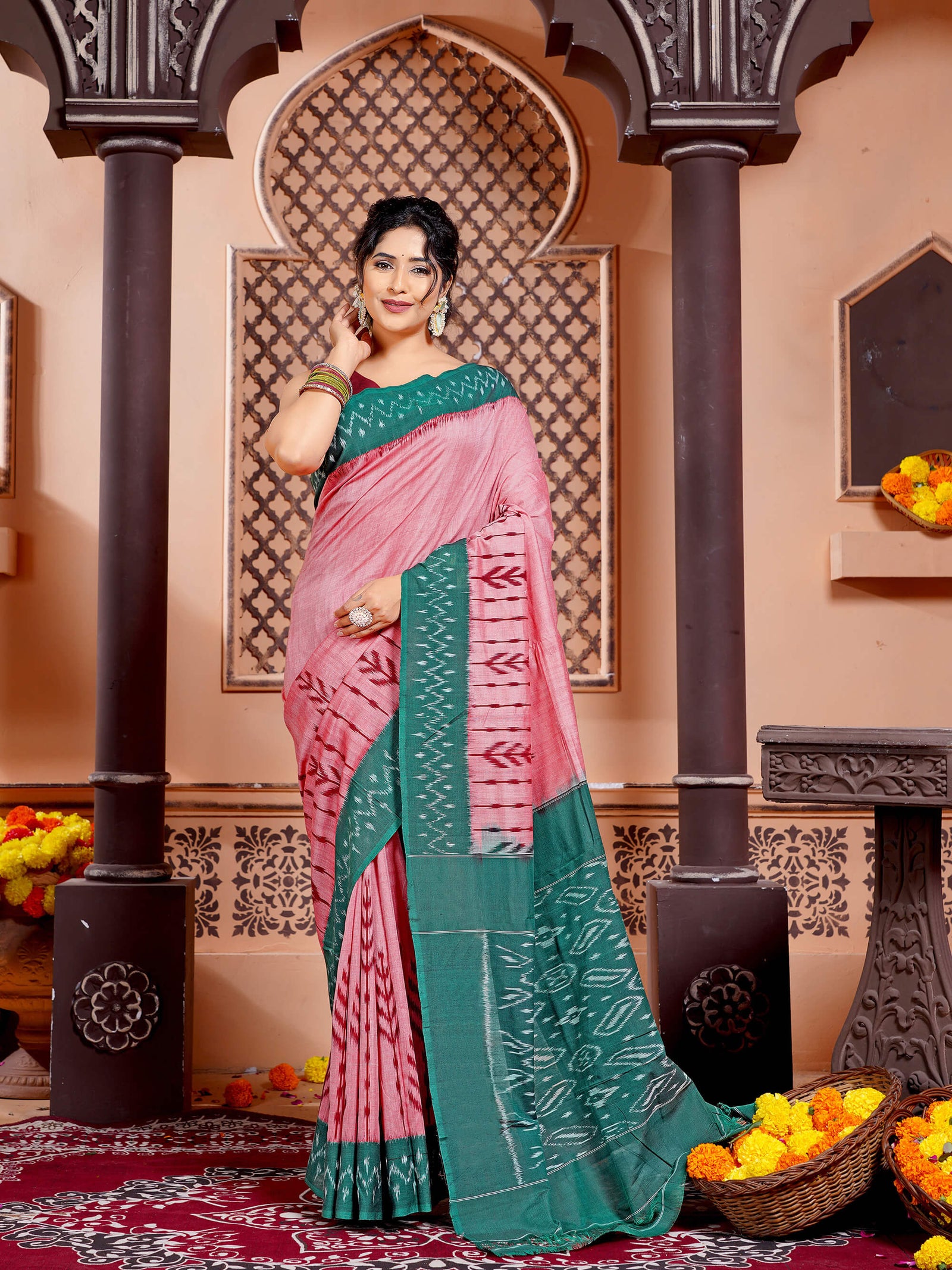 Dirty Pink and Green Pochampally Mercerised Cotton Handloom Saree in Ikkat Pattern