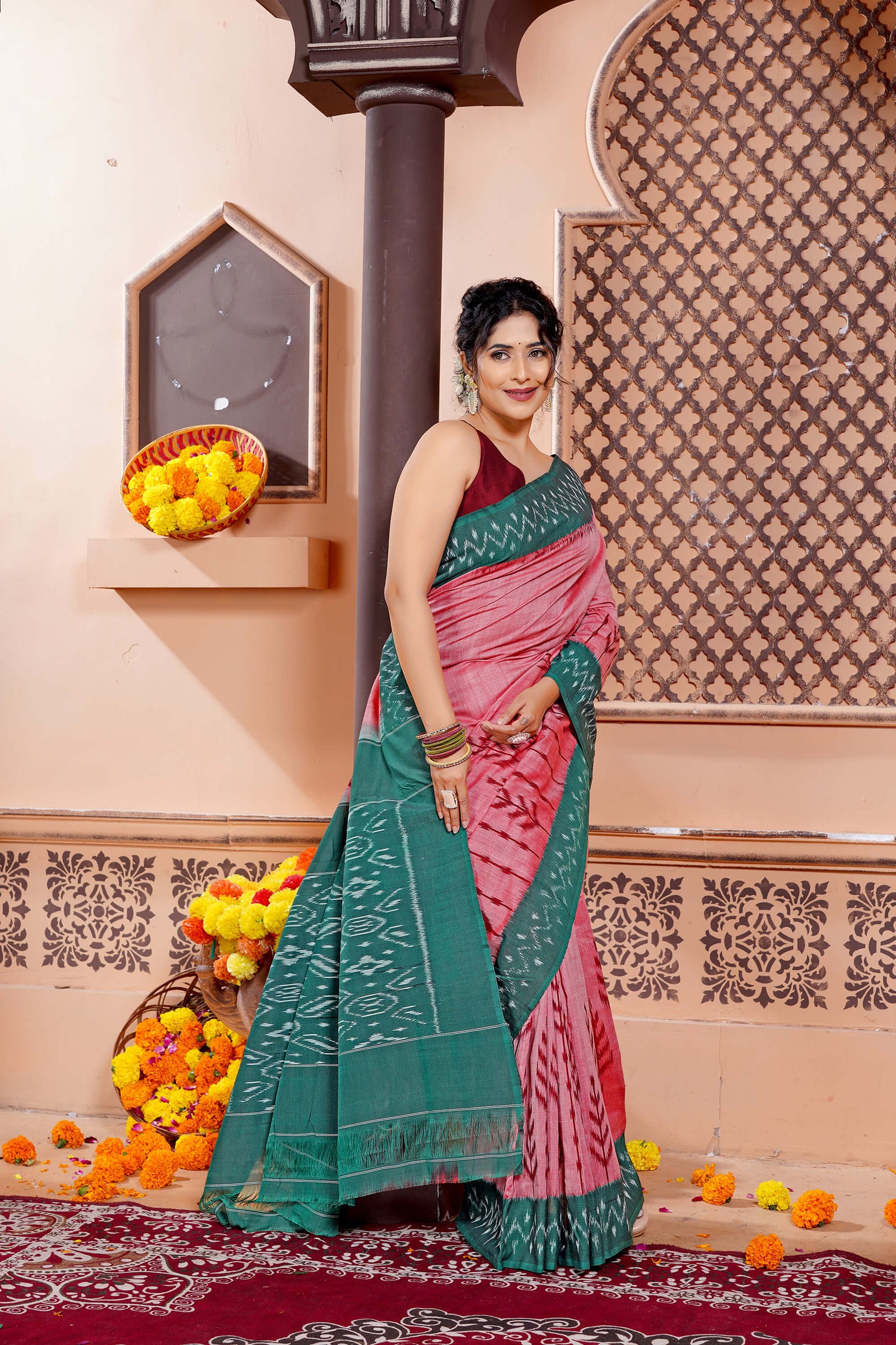 Dirty Pink and Green Pochampally Mercerised Cotton Handloom Saree in Ikkat Pattern