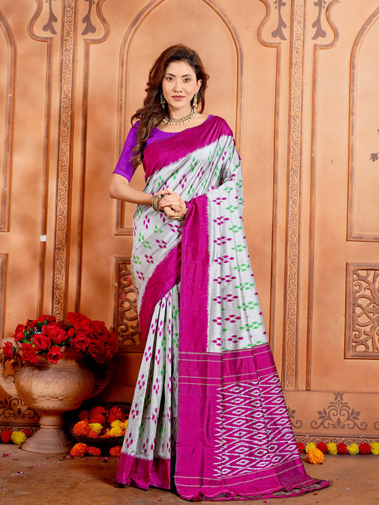 Grey and Magenta Pochampally Pure Silk Handloom Saree in Ikkat Pattern