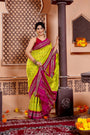 Lemon Yellow and Magenta Pochampally Pure Silk Handloom Saree in Ikkat Pattern