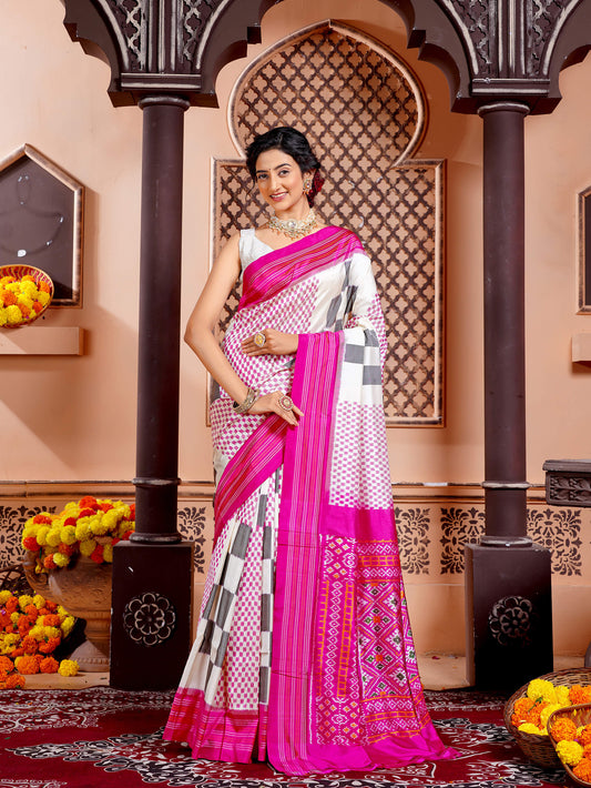 White and Pink Pochampally Pure Silk Handloom Saree in Alternating Check Pattern Design