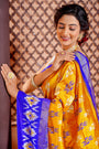 Yellow and Blue Pochampally Pure Silk Handloom Saree in Ikkat Pattern