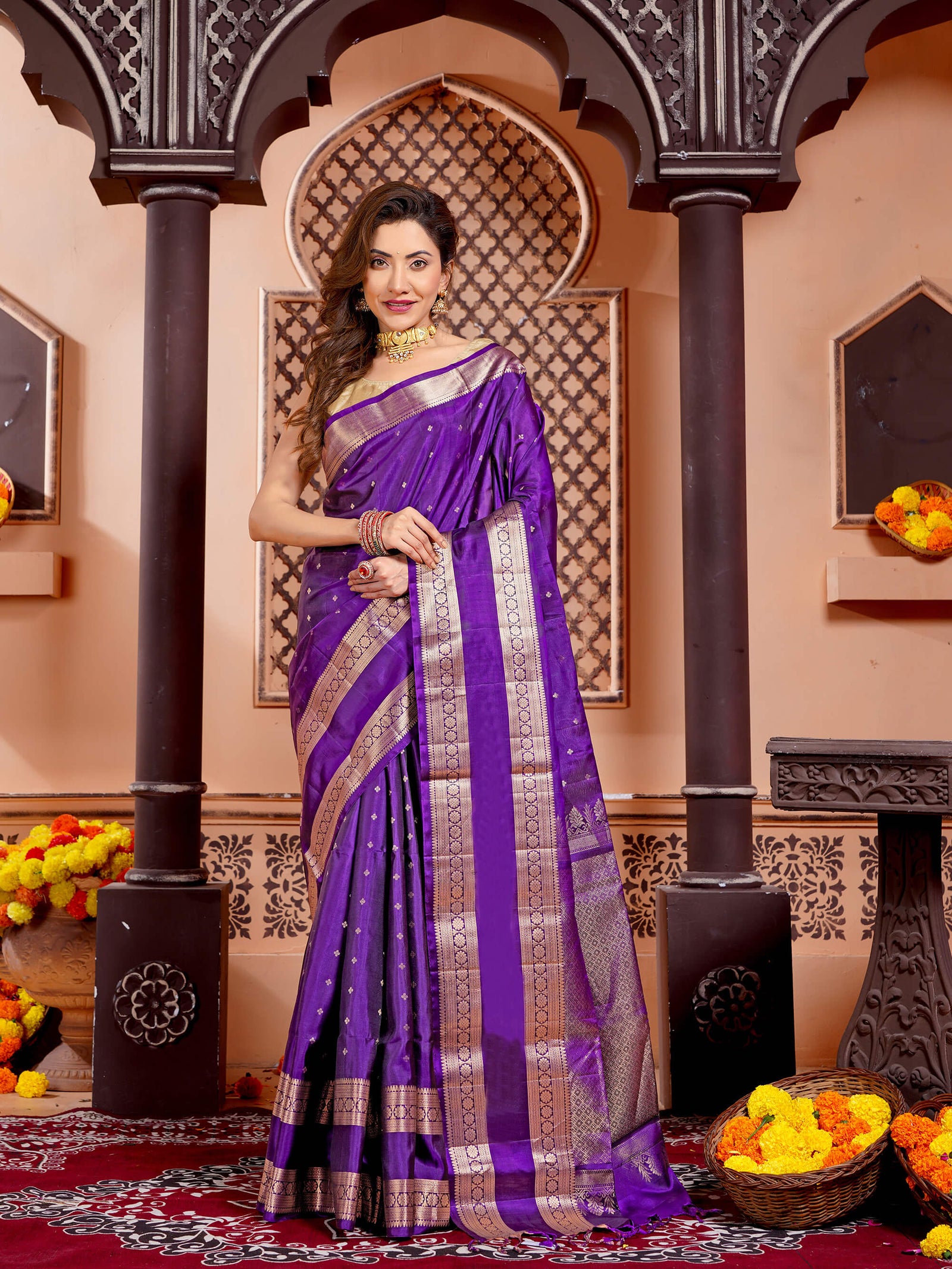 Purple Pure Silk Kanjivaram Handloom Saree with Golden Buttas & Border