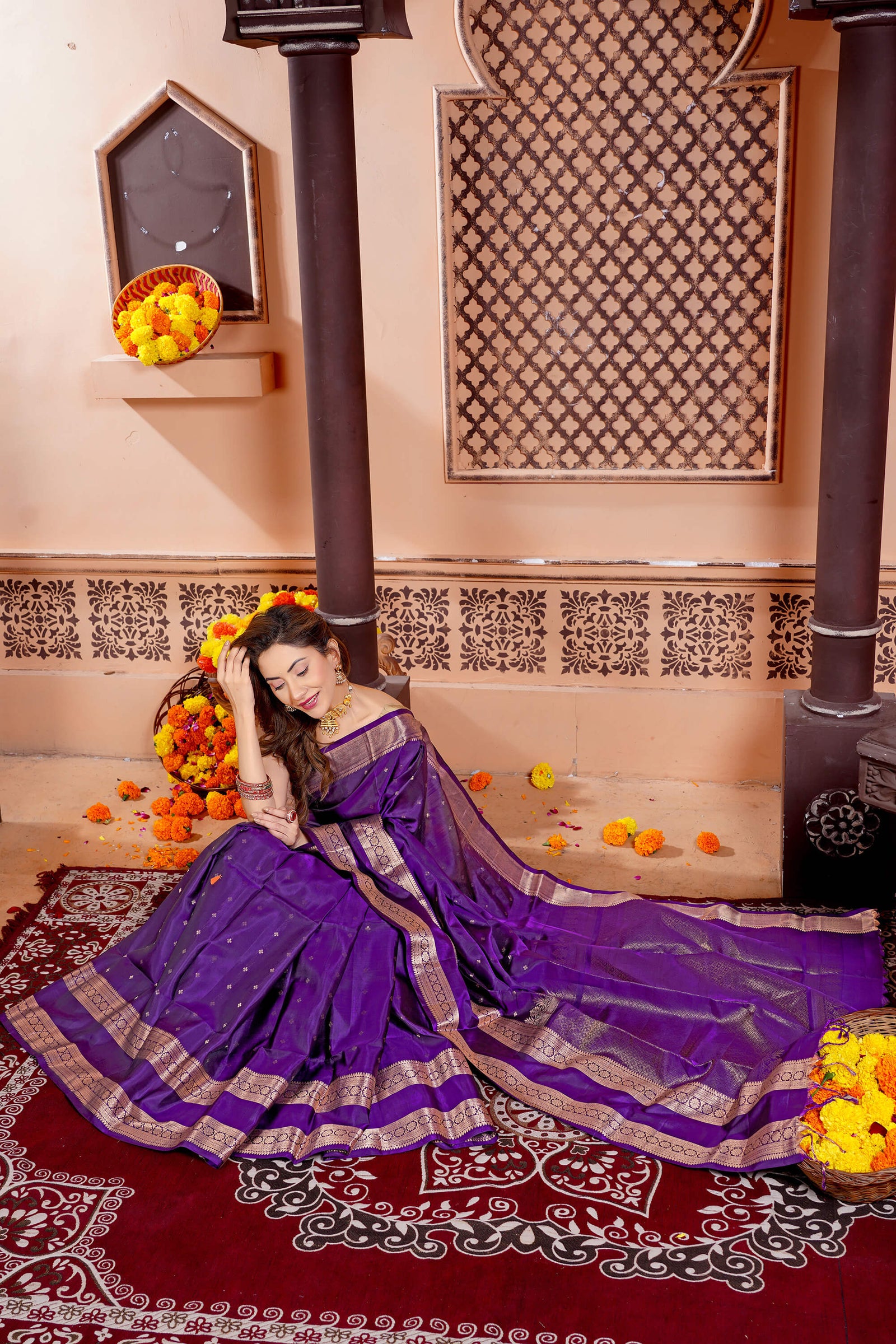 Purple Pure Silk Kanjivaram Handloom Saree with Golden Buttas & Border