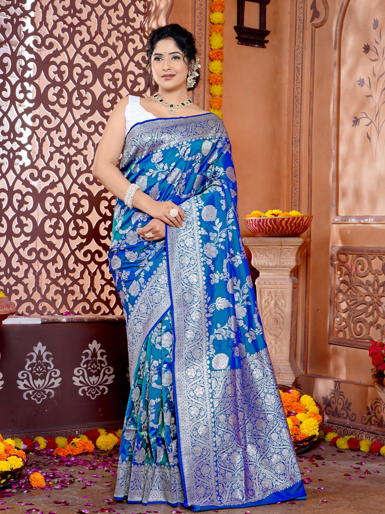 Teal Pure Katan Silk Banarasi Handloom Saree with Jaal Work