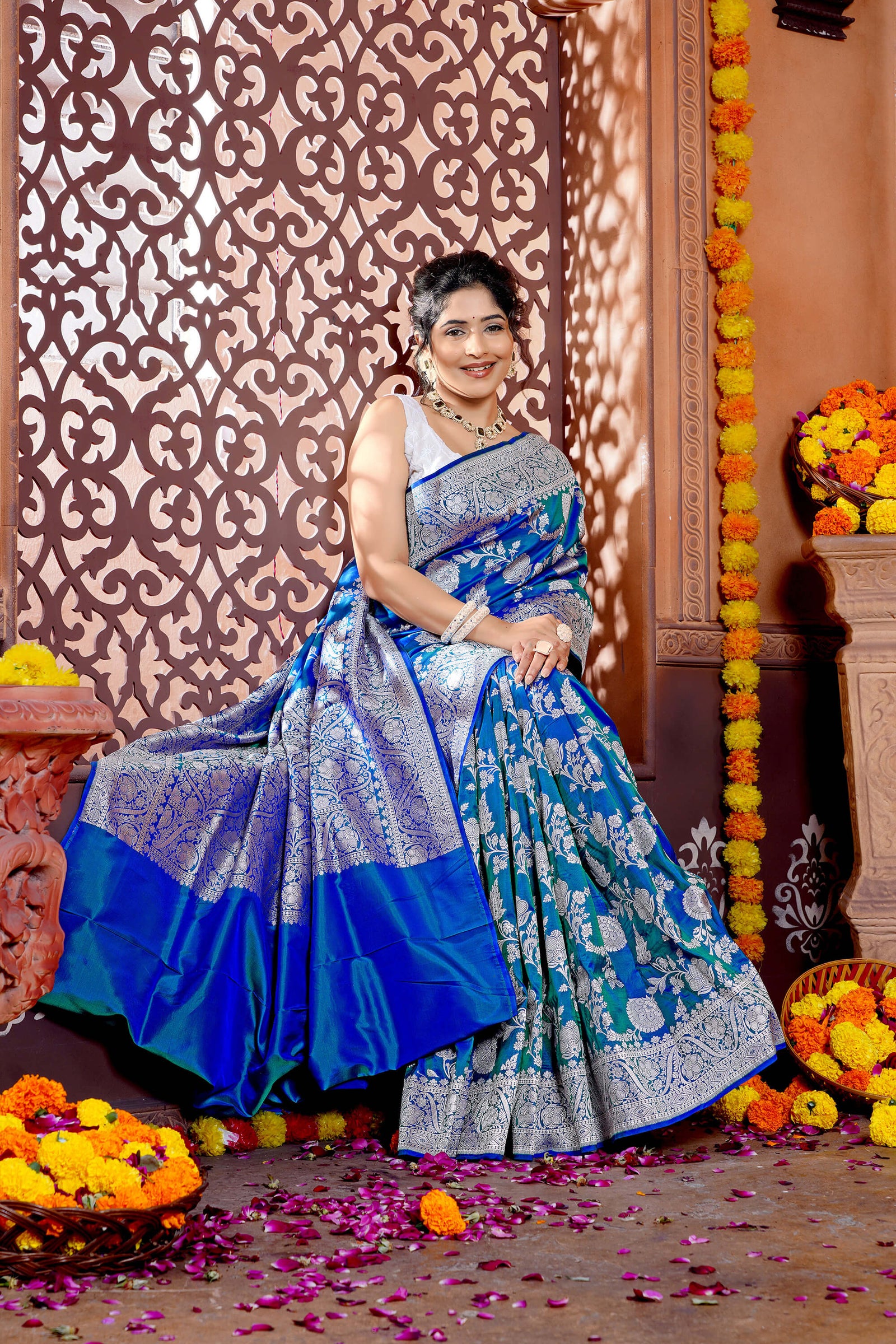 Teal Pure Katan Silk Banarasi Handloom Saree with Jaal Work